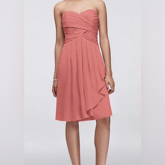 DAVID'S BRIDAL Strapless Short Crinkle Chiffon Front Cascade Dress Coral Reef 12 - Picture 1 of 14